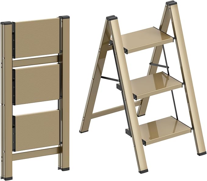 HBTower 3 Step Ladder, Lightweight Aluminum Folding Step Stool | Anti-Slip Wide Pedal, 330lbs Capacity Step Ladder for Household Kitchen Office, Gold