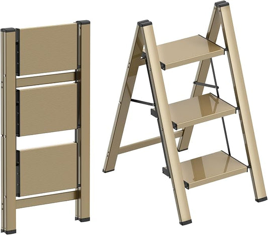 HBTower 3 Step Ladder, Lightweight Aluminum Folding Step Stool | Anti-Slip Wide Pedal, 330lbs Capacity Step Ladder for Household Kitchen Office, Gold