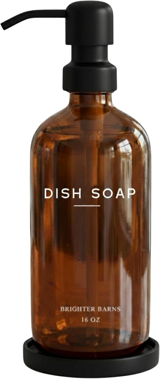 Amber Glass Dish Soap Dispenser for Kitchen Sink by Brighter Barns - Kitchen Soap Dispenser Set with Pump & Tray - Refillable Glass Bottle for Liquid - Modern Home Decor for Airbnb, Restaurant (Amber)