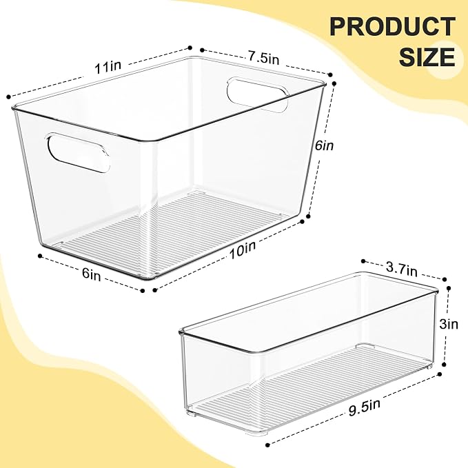 Set of 4 Pantry Organizers and Storage, Clear Plastic Bins(2L+2S) | BPA-free PETG storage containers with handles, Ideal for kitchen, fridge, bathroom, cabinet, office, and garage organization
