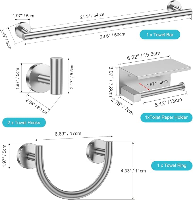 TURS 5-Pieces Brushed Nickel Bathroom Hardware Accessories Set 23.6inch SUS304 Stainless Steel Towel Bar Set Wall Mounted Toilet Paper Holder with Shelf
