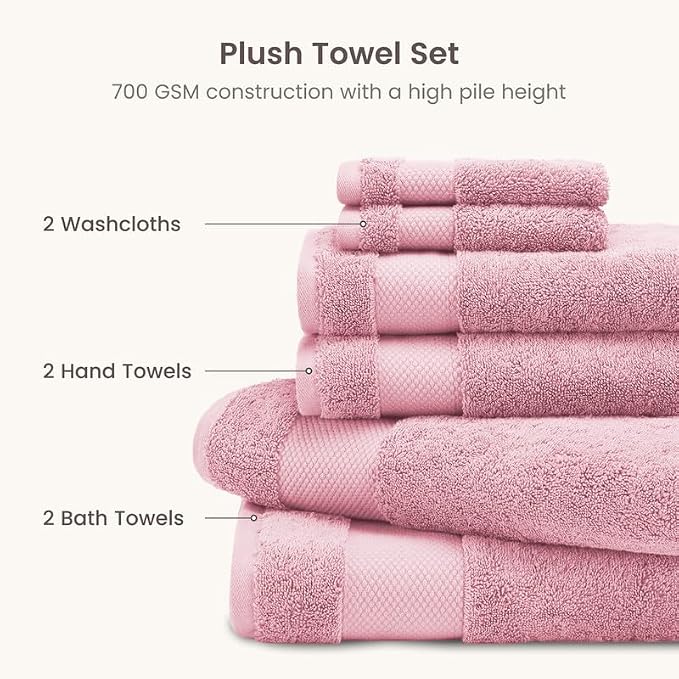 100% Organic Cotton Bath Towel Set | 700 GSM Plush 6-Piece Premium Towel Set GOTS Certified, 2 Bath Towels, 2 Hand Towels & 2 Washcloths - Dusty Pink