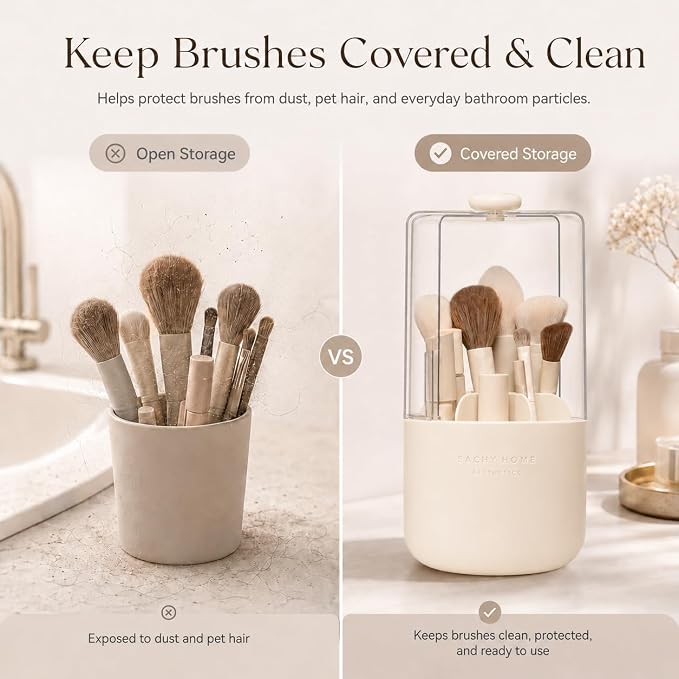 EACHY Makeup Brush Holder with Lid, Rotating Makeup Brush Organizer, Beige | Dustproof Lid, 7 Compartments, Waterproof Plastic, Vanity Makeup Organizer for Brushes