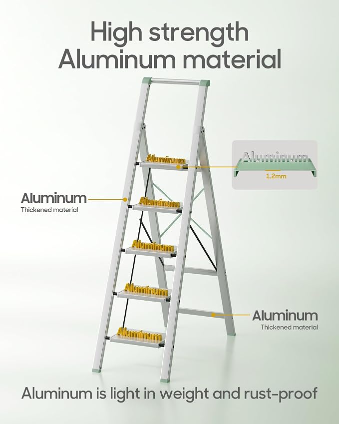 HillhutApex Aluminum 5 Step Ladder, Step Stool Foldable Ladder(Pale Green) | Stepladder with Handgrip,Anti-Slip Pedals,330lbs Capacity,Lightweight Portable Folding Ladder for Home,Office,Libaray