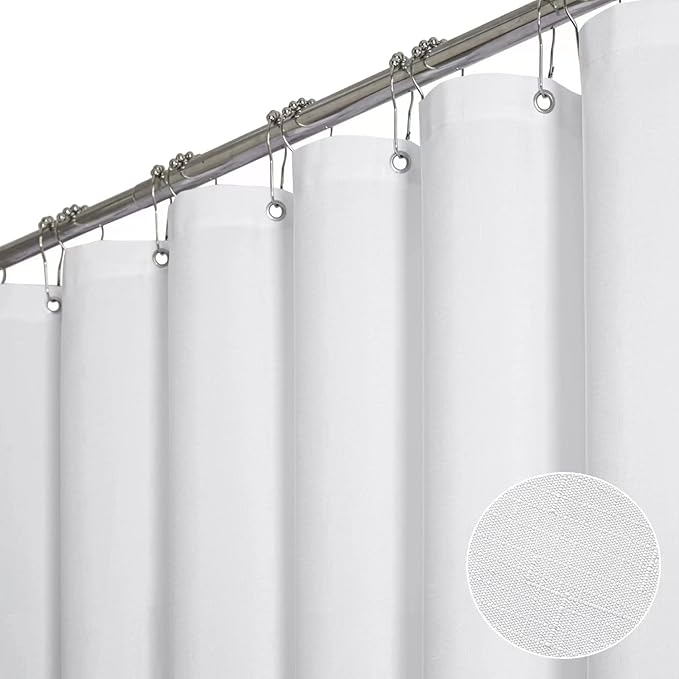 White Linen Textured Waterproof Thick Fabric Shower Curtain Set, 72x72 | 230GSM Polyester, Heavy Duty Cloth, Weighted Hem, 12 Plastic Hooks, Modern Hotel Style, Machine Washable, Bathroom Decor