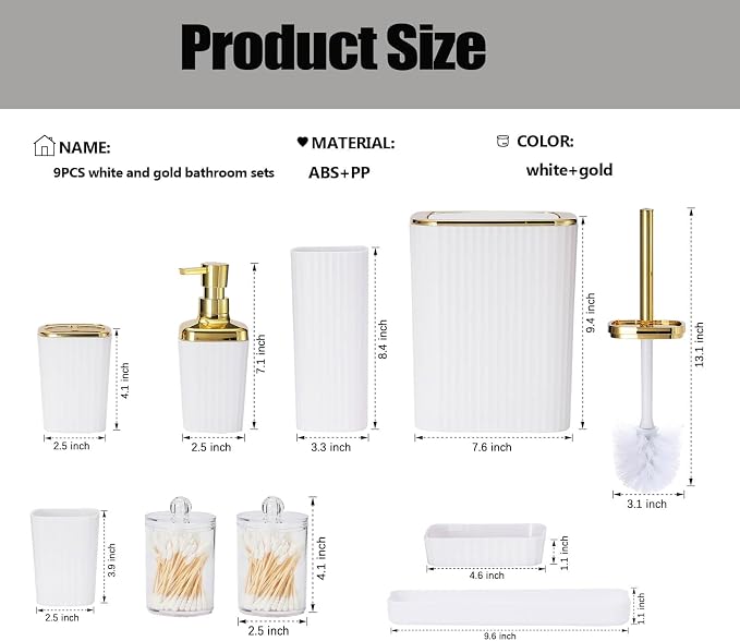 9 PCS White Bathroom Accessories Set with Trash Can Bathroom Accessory | All-in-One Kit with Trash Can,Toothbrush Holder,Soap Dispenser,Toothbrush Cup,Vanity Tray,Soap Dish,Toilet Brush etc for Home
