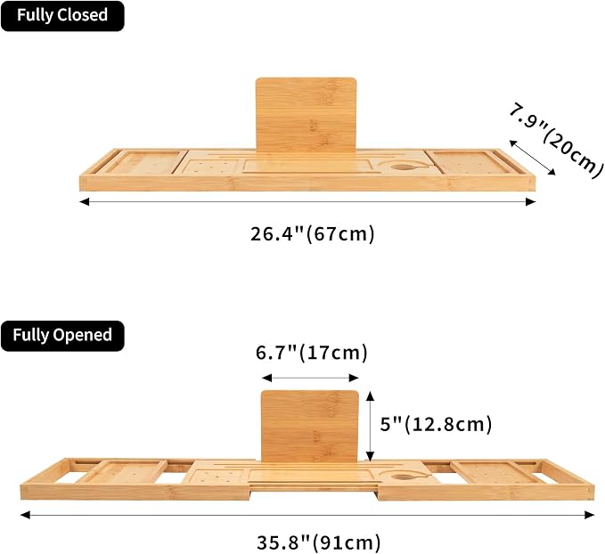 Utoplike Bamboo Bathtub Tray Caddy for Tub, Bath Table Bathroom Organizer | Adjustable, with Book Tablet Stand, Wine Glass Cup, 2 Sliding Towel Holder