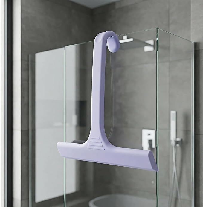 Silicone Shower Squeegee - All-in-One Design with Built-in Hook, 10 Inch Streak-Free Bathroom and car Cleaner for Glass Doors, Mirrors, Windows, Tiles Purple
