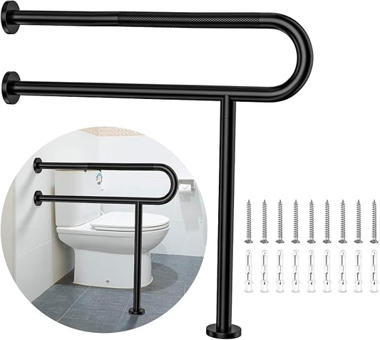 Toilet Support Rail 32 Inch, Munzong Black Handicap Grab Bar Seniors | Anti-Slip Stainless Steel Knurled Safety Handrails with Leg for Elderly Bathroom Disabled Pregnant-1.25’Tube
