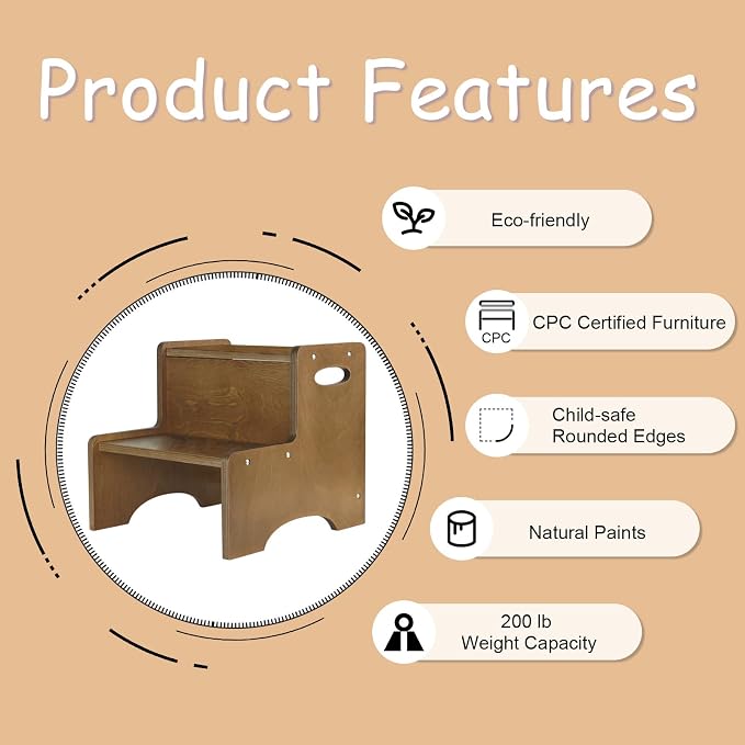 Toddler Step Stool for Kids, Wooden Brown Two Step Children's Stool with Handles, Bonus Non-Slip Pads for Safety, Bathroom Potty Stool & Kitchen Step Stools Dual Height