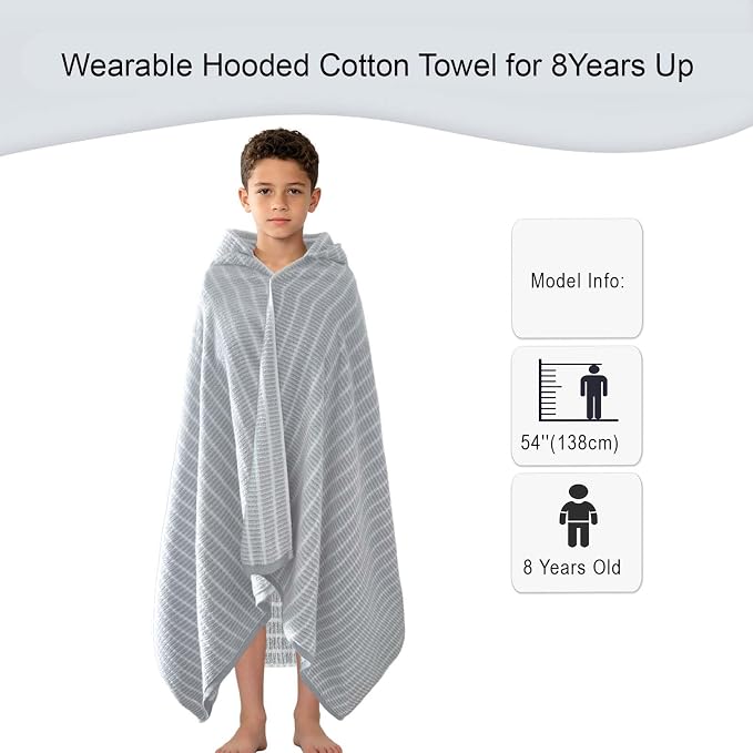 VOOVA & MOVAS Big Kids Hooded Bath Wrap, 8+, 100% Cotton, Thick, Gray White | Classic Horizontal Stripe, Soft, Absorbent & Quick Dry, Great for All Water Activities