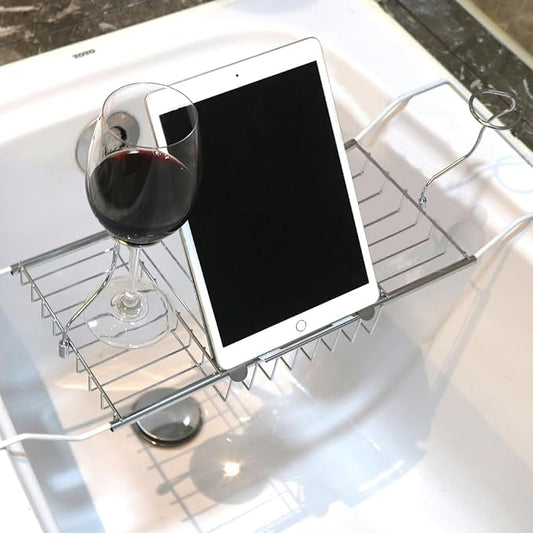 Expandable Bathtub Caddy Tray with Wine Holder & Reading Rack,Silver | Adjustable 20"-38" fits most tubs,Includes Soap Dish Wine Holder and Laptop Reading Rack,Bathtub Tray for Home