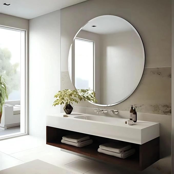 30" Round Frameless Wall Mirror with Beveled Edge | Circle Mirror for Bathroom & Vanity, Elegant & Simple Look