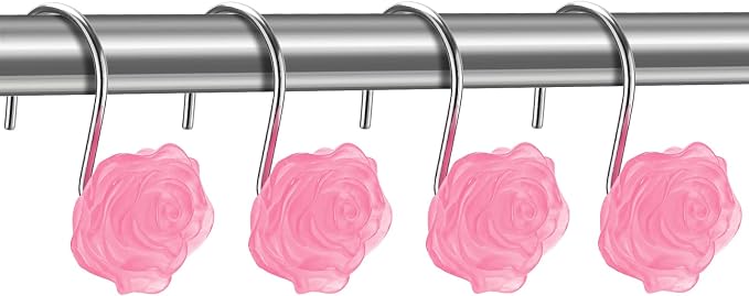 Rose Shower Curtain Hooks, Glow in The Dark, Pretty Floral Themed Elegant Bathroom Decor, Pink