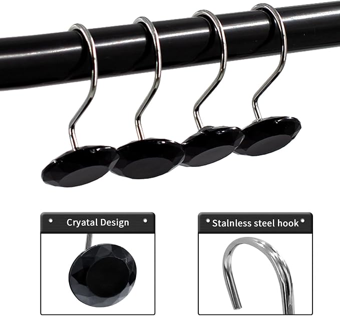 Crystal Diamond Round Shower Curtain Hooks Rings for Bathroom,Black,12PCS | Acrylic Decorative Rhinestones Bling Shower Hooks Rings,for Bathroom Curtains Rod,Gem Metal Rust Proof Shower Hangers
