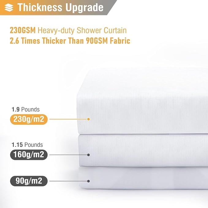 48x72 Linen Textured Waterproof Thick Fabric Shower Curtain Set, White | Stall Size, 230GSM Polyester, Heavy Duty Cloth, Weighted Hem, 8 Plastic Hooks, Modern Luxury Hotel Style, Machine Washable