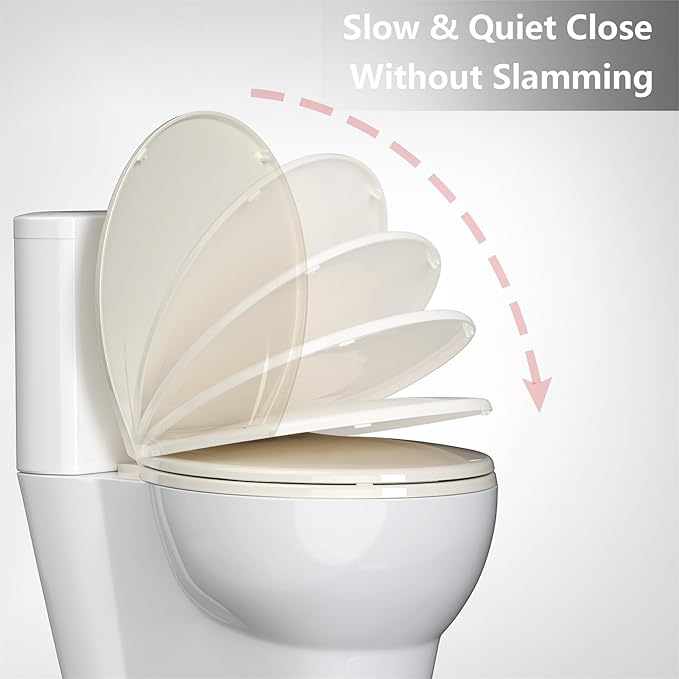 17" Round Almond Slow Close Toilet Seat, Polypropylene Toilet Seat Cover with Never Loosen Lid, Quiet and Easy to Install and Clean