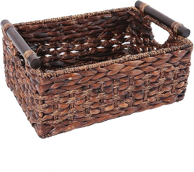 Water Hyacinth Wicker Storage Basket with Wood Handles, Large | Rectangular dark brown woven rattan basket, for shelves, kitchen countertops, closet, holds magazines, toilet paper