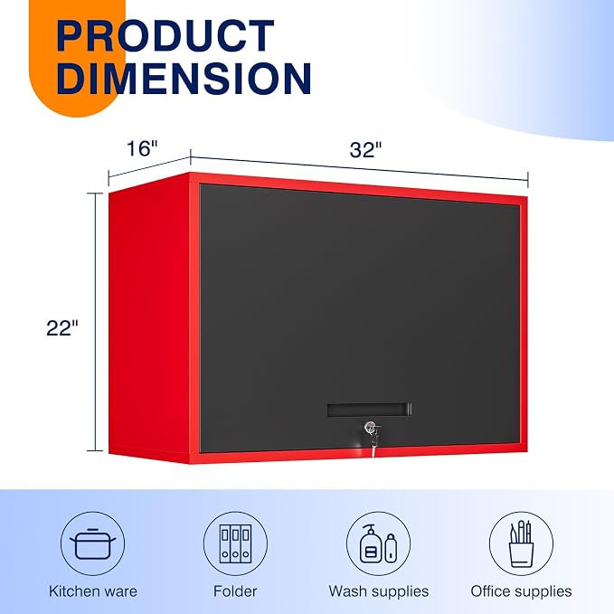 Metal Garage Wall Cabinet with Doors and Shelves,Wall Mounted Metal Storage Cabinet, Floating Steel Tool Cabinet for Garage,Basement,Kitchen,Warehouse (Red Black,21.6" H)