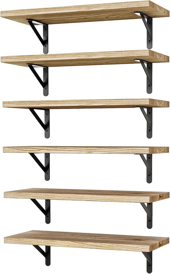YGEOMER 16.5in Floating Shelves for Wall, Light Carbonized Brown Set of 6 | Rustic wood shelves with metal brackets. Space-saving for books & decor. Works in bathroom, kitchen, living room & bedroom.
