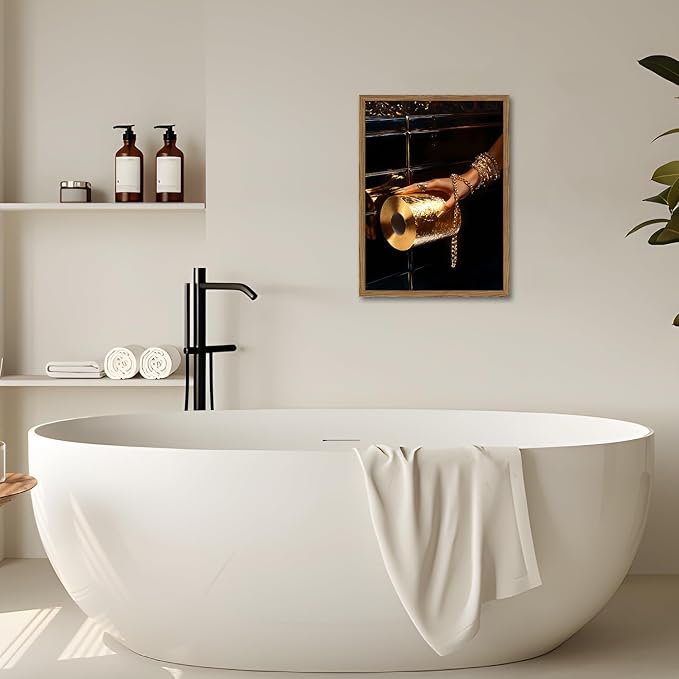 Black Woman Bathroom Wall Art Trendy Black Girl Gold Toilet Paper Wall Decor Picture Vintage Black and Gold Bathroom Poster Canvas Painting Prints 24x16 inch Wood Framed