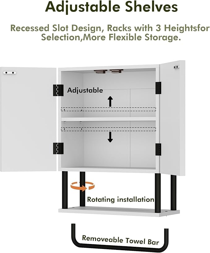 RUSTOWN Fluted Bathroom Wall Cabinet with 2 Doors, 3-Tier Medicine Cabinet | Modern Farmhouse Wall Mounted Cabinets, Over The Toilet Storage Cabinet, Adjustable Shelf and Towel Bar, Small
