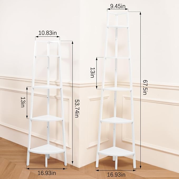 Yoobure 5-Tier Corner Shelf Stand- 67.5" Tall Corner Bookshelf with Metal Frame, Industrial Ladder Corner Shelves Display Shelf for Bedroom Living Room, Corner Bookcase Corner Plant Stand for Balcony