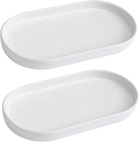 2 Pack Speckled White Round Soap Dispenser Tray - 8'' Ceramic Vanity Tray & Organizer Plate Set, Bathroom & Kitchen Countertop Decor for Soap Dispenser, Jewelry, Cosmetics, Sink