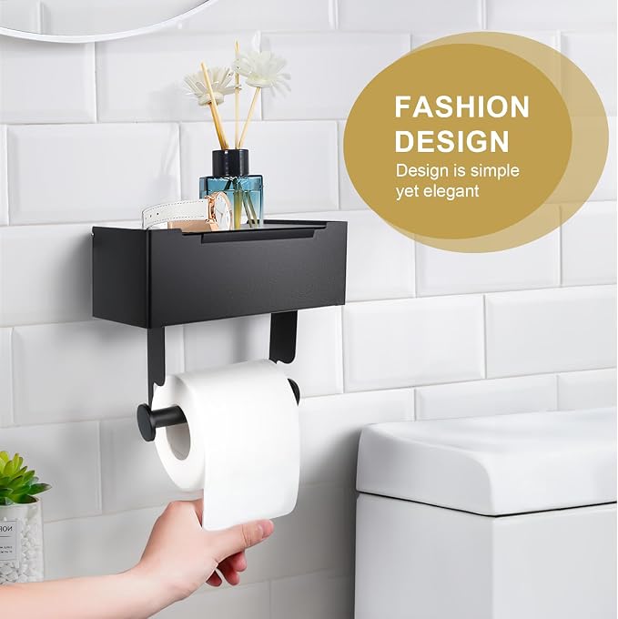 Beileqi 2 Pack Matte Black Toilet Paper Storage Holder with Shelf for Wet Wipes, Sanitary Tampon, Trash Bags, Bathroom Wipes Holder Accessory Space Saver and Organizer