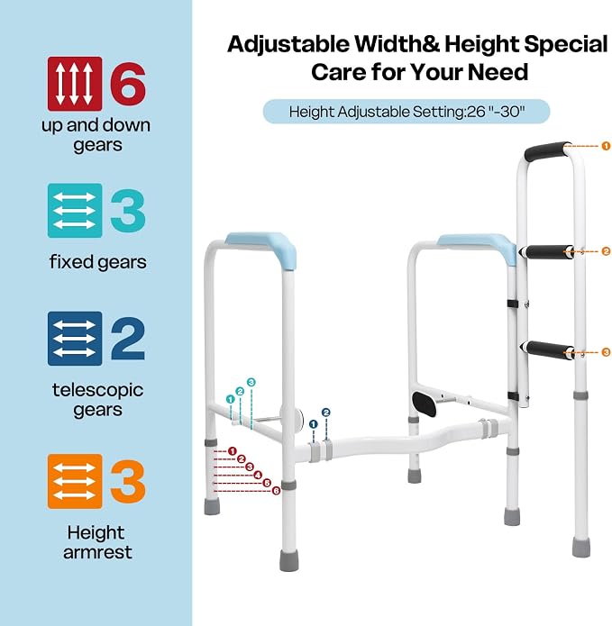 Toilet Safety Rails for Seniors, Heavy Duty Adjustable Toilet Safety Frame | 665 lb Capacity Stand Assist Rail with Suction Cups, Non-Slip Feet, Adjustable Height&Width, Foldable No-Drill Support