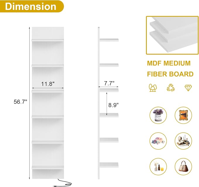 Qupui 6-Tier Wall Shelf with RGB LED, 57" Floating Storage, White | RGB 16 Million Colors, 22 Modes, 6 Brightness. Waterproof Particleboard. Each Tier Holds 10 Lbs. Wall-mounted. For Bedroom