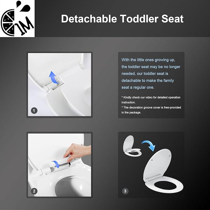 1M Family Toilet Seat, Patented Slow Close & Quick Releasing Technology, Anti-Wiggling, Easy to Install and Clean, Standard Round with Toddler Seat Built In (2 Pieces)