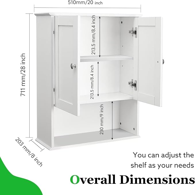 Bathroom Cabinet Wall Mounted Over Toilet Storage Cabinet 20x28 Inch White Wood Wall Space Saver Medicine Cabinets for Bathroom Storage with Adjustable Shelf, 2 Doors, Soft Hinge