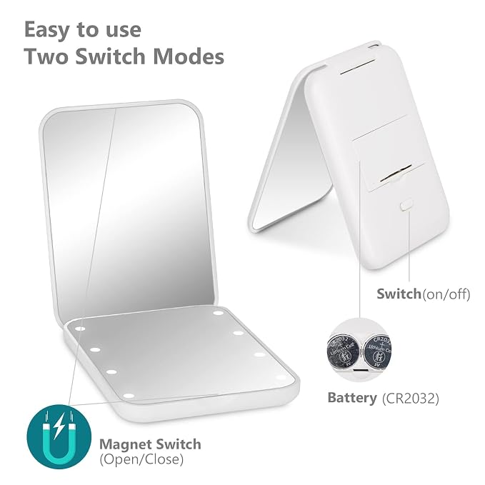 Kintion Pocket Mirror, 1X/3X Magnification LED Compact Mirror (White) | Travel Mirror with Light for Purse, 2-Sided, Portable, Folding, Handheld, Small Lighted Mirror for Gift