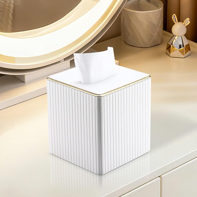 Tissue Box Cover, PU Leather Square Tissue Box Holder for Kleenexs with Magnetic Bottom Cover for Facial Tissues/Napkins, Office & Living Room Decor Box White