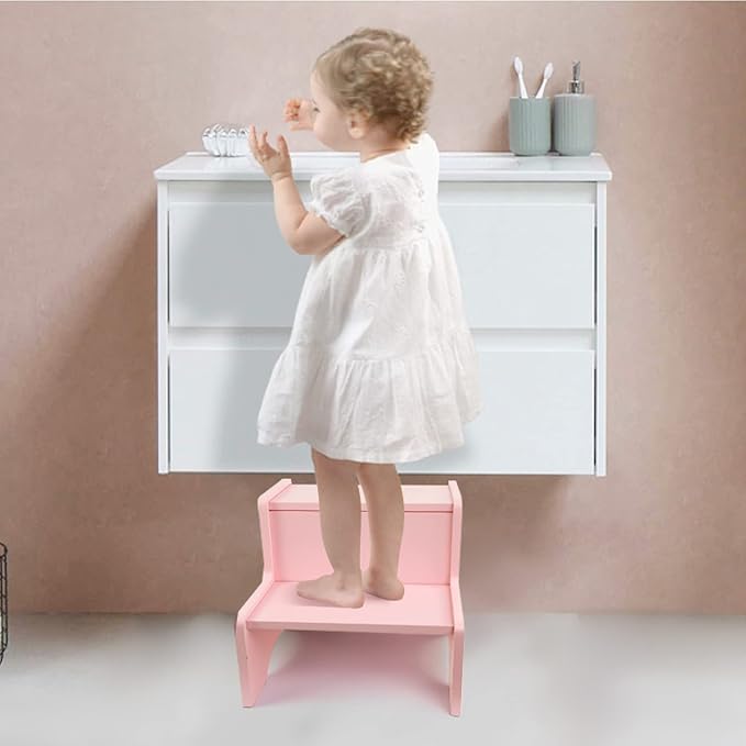 Toddler Step Stool for Bathroom & Kitchen – Wooden 2-Step Kids Stool with Handles & Non-Slip Pads, Sturdy Birch Wood, 200 lb Capacity for Potty Training, Sink & Counter Access