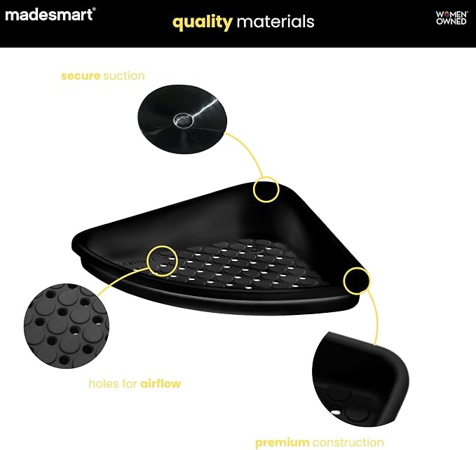 madesmart Bathtub Corner Shelf, Carbon | suction cup base, drainage holes, raised edges, shampoo soap razors, bath accessories, woman owned
