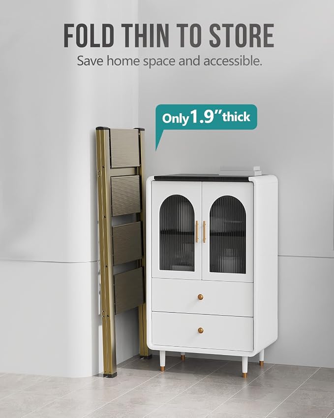 4 Step Foldable Step Stool, 300lbs Load, Gold | Folded 43''H x 2''T; Net 9.9 lbs; Non-Slip Feet: Wood/Tile/Carpet; Rigid Aluminum Steps; No Assembly; Ready From Box.