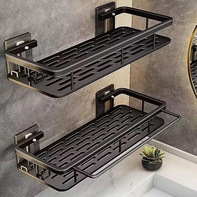 EVALAND Self Adhesive Shower Caddy Organizer 2-Pack No-Drill Storage | Hooks and Rod for Towels, Shower Shelves for Inside Shower, Bathtub Shelf, Rustproof, Rack, Easy Installation, Sturdy