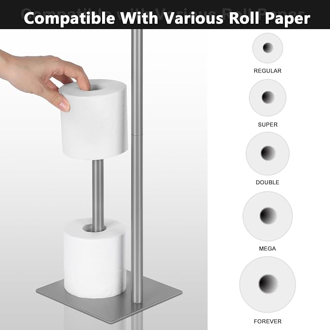 Toilet Paper Holder Stand Silver Toilet Paper Roll Holder for Bathroom, Freestanding Metal TP Holder with Reserve Toilet Tissue Storage Shelf, Holds Up to 4 Rolls of Paper | Freestanding TP Holder with Reserve Toilet Tissue Storage Shelf, Holds Up To 4...