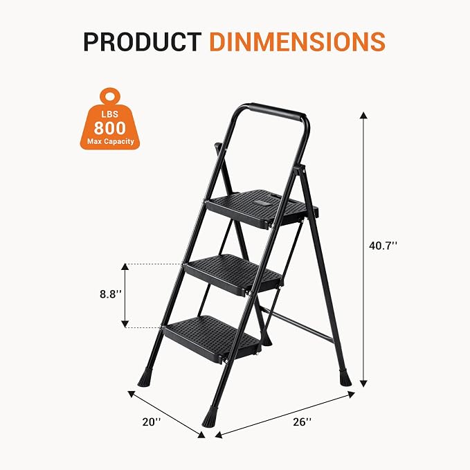 Sweetcrispy 3 Step Ladder, 800lbs Folding Sturdy Step Stool | Portable Stepping Stool with Wide Anti-Silp Pedal & Cushioned Handle, for Home Kitchen and Outdoor - Black