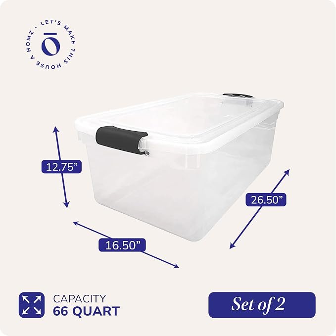 HOMZ Clear Plastic Storage Bins w/Latching Lid, 66 Qt, Gray Latch, 2 Pack | Large Stackable Container Boxes for Homes, Bathrooms, Garages, and Office Organization