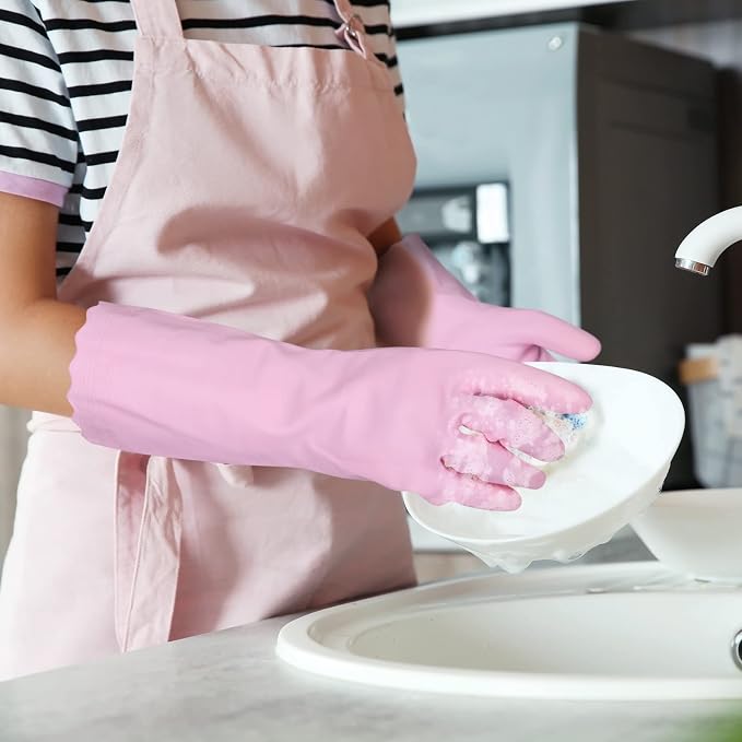 Bamllum Kitchen Cleaning Gloves, Latex-Free, Cotton Flocked Liner, Large | 2 Pairs of Reusable Dishwashing Gloves with a Textured Non-Slip Grip, in Pink and Blue