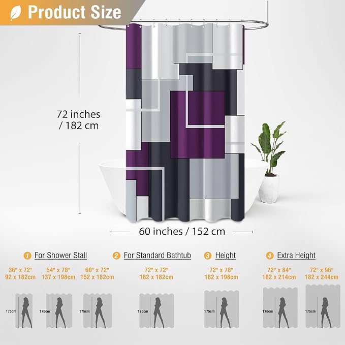60x72 Stall Modern Geometric Waterproof Fabric Shower Curtain, Purple | Narrow Long, Premium Polyester, Weighted Hem, 10 Plastic Hook, Vibrant Color, Wrinkle-resistant, Quick-Dry, Machine Washable