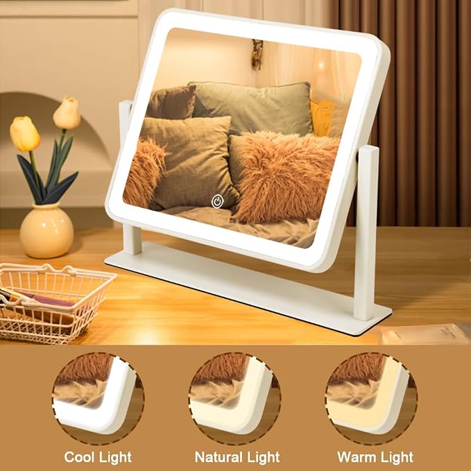 YEKKOPT Rechargeable Vanity Mirror with Lights, 10"×12" LED Makeup Mirror, Smart Touch Control, 3 Color Lighting with Adjustable Brightness,Cosmetic Mirror for Bedroom, Vanity Desk, Beauty Routine