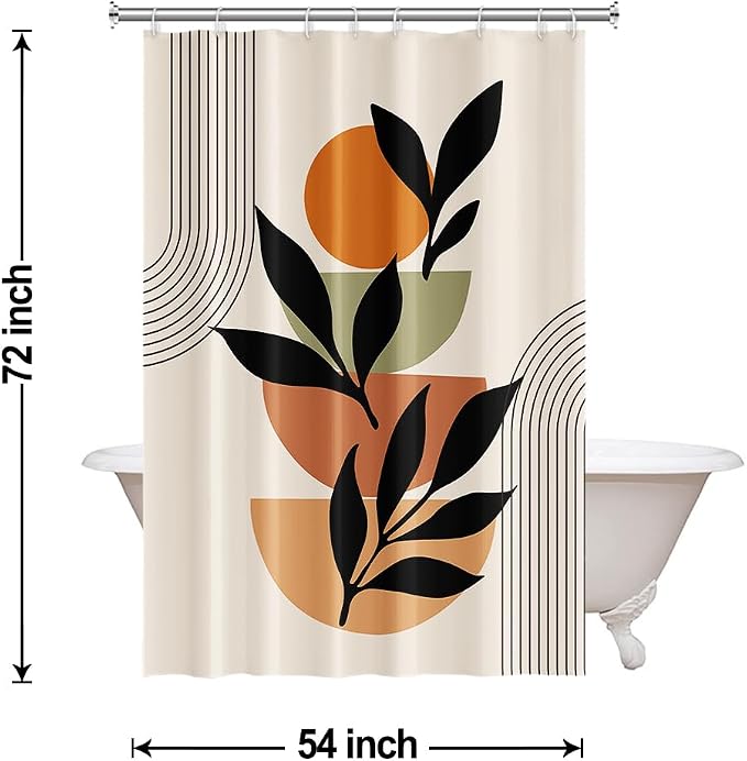 Boho Beige Shower Curtain for Bathroom 54x72 Inch | Waterproof Abstract Black Arch and Leaves Shower Curtain Set with Hooks, Mid Century Bathroom Decor