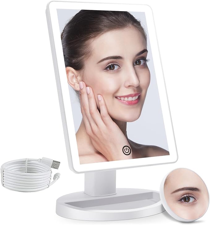 COSMIRROR Lighted Makeup Vanity Mirror with 72 LED Lights 3 Color Lighting | 10X Magnifying Mirror, Dual Power Supply, 180 Degree Rotation Cosmetic Tabletop Light up Mirrors