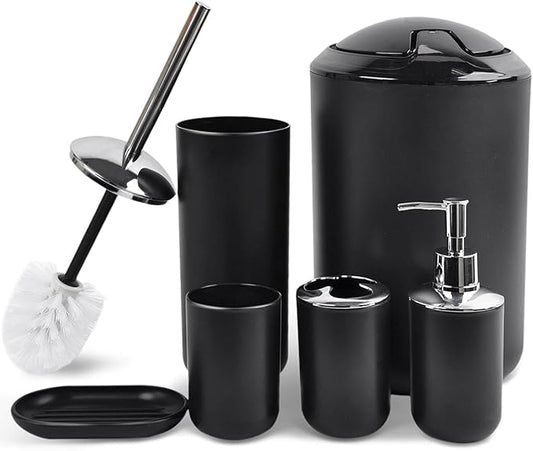 CERBIOR Bathroom Accessories Set 6 Piece Bath Ensemble, Shiny Black | Includes Soap Dispenser, Toothbrush Holder, Toothbrush Cup, Soap Dish for Decorative Countertop and Housewarming Gift