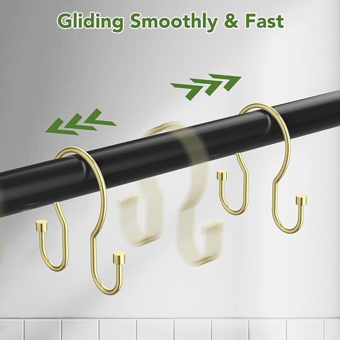 Shower Curtain Hooks, Simple Shower Curtain Rings, Sturdy Shower Curtain Hangers, Double Hook Gold Shower Curtain Hooks, Smooth Gliding Metal Shower Hooks for Shower Curtain (Gold, 12 Pack)