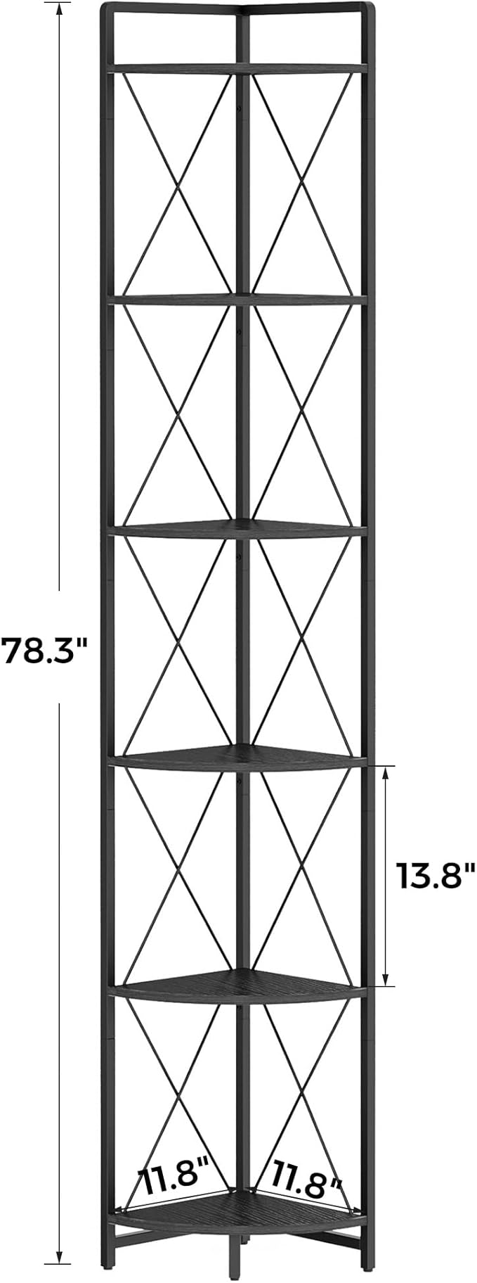 6 Tier Corner Shelf Stand, 78" H Tall Corner Bookshelf, Black | Industrial Metal Corner Shelf for Living Room Decor, Plant Stand Display Shelf for Bedroom, Bathroom, Small Spaces